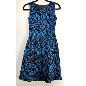 Vivid Blue Dress with Black Velvet Vintage Gothic Scoll Designs